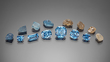 Examples include unheated brown specimens, heated rough material, and faceted stones. Examples include unheated brown specimens, heated rough material, and faceted stones.