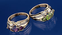“Healing Sisters” rings featuring amethyst and peridot. “Healing Sisters” rings featuring amethyst and peridot.